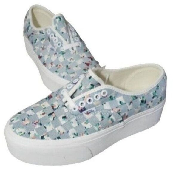 New Vans Authentic Stacked Woven Denim Floral Blue White Platform Shoes - Picture 1 of 8